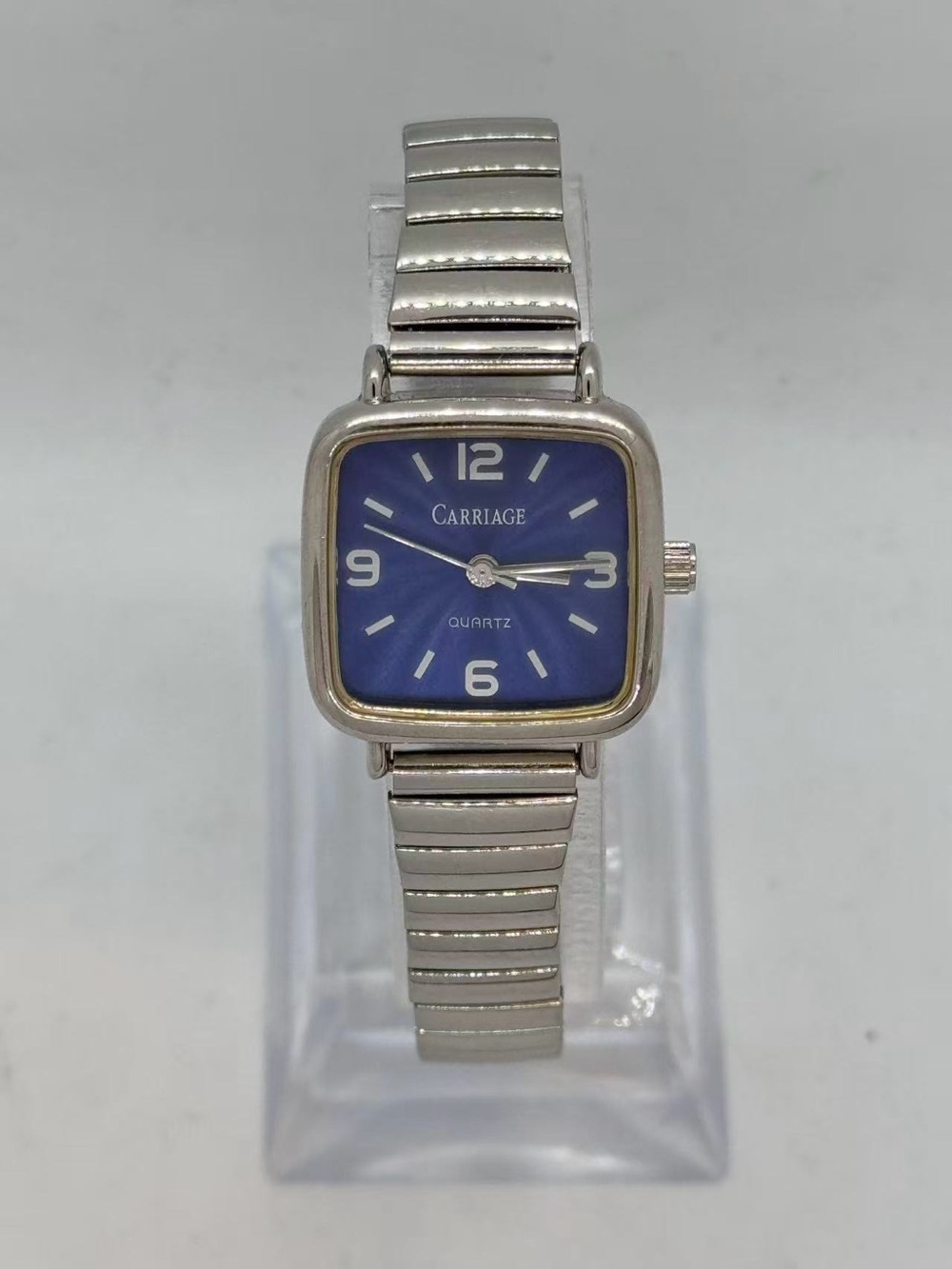Vintage Carriage Women Quartz Watch 22mm Blue Dial Silver Tone New Battery Runs